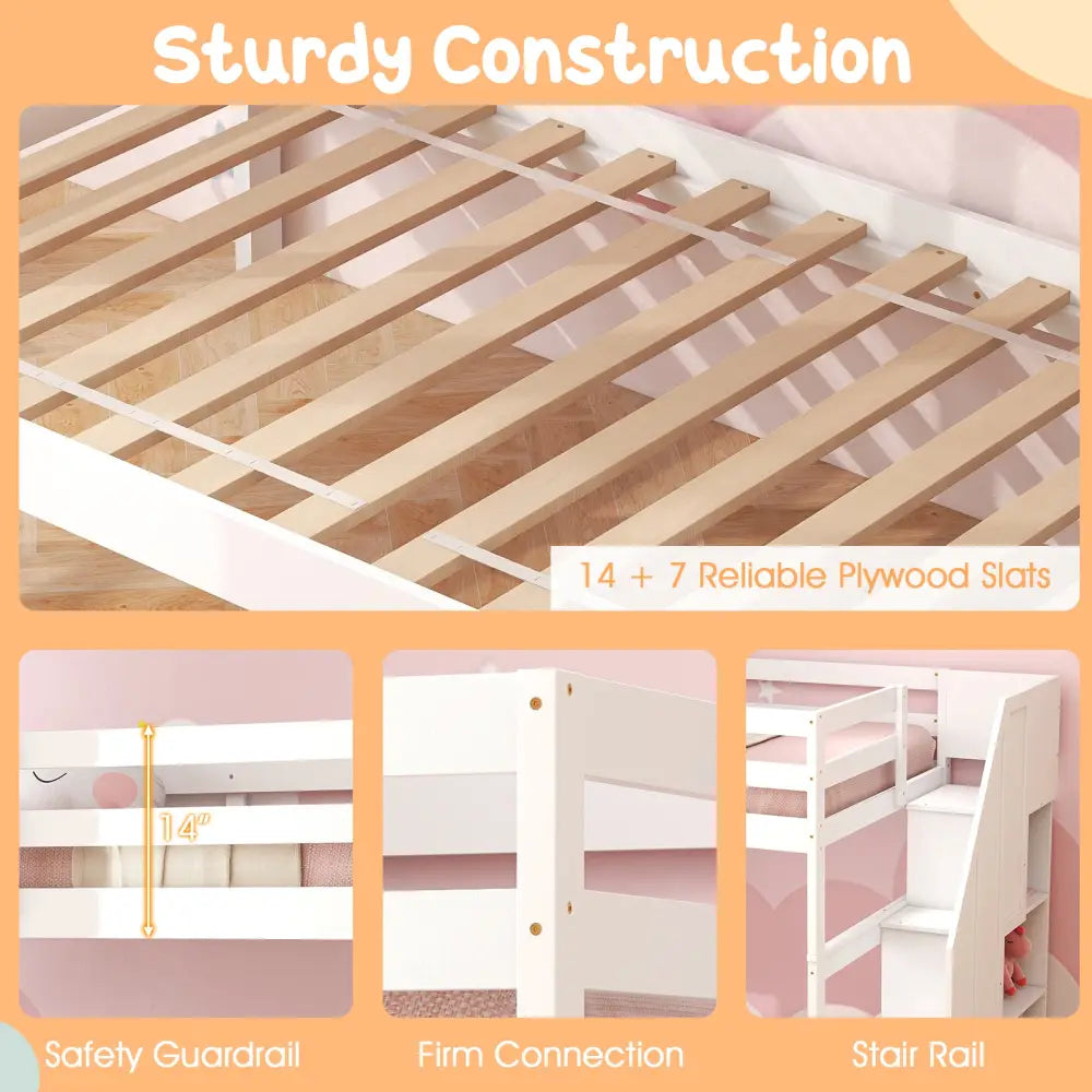 Home Wood Bunk Bed with Guard Rail and 4-step Storage Stairs No Box Spring Needed-White - White - Toddler Beds