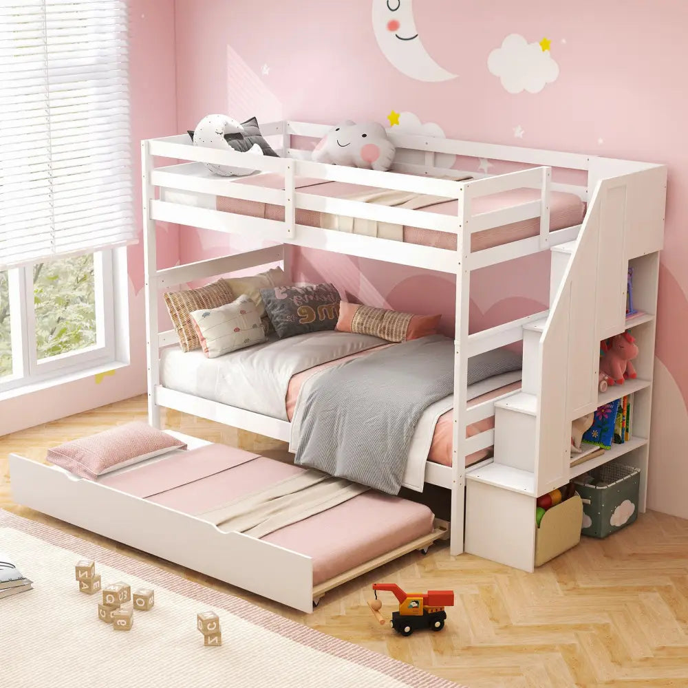 Home Wood Bunk Bed with Guard Rail and 4-step Storage Stairs No Box Spring Needed-White - White - Toddler Beds