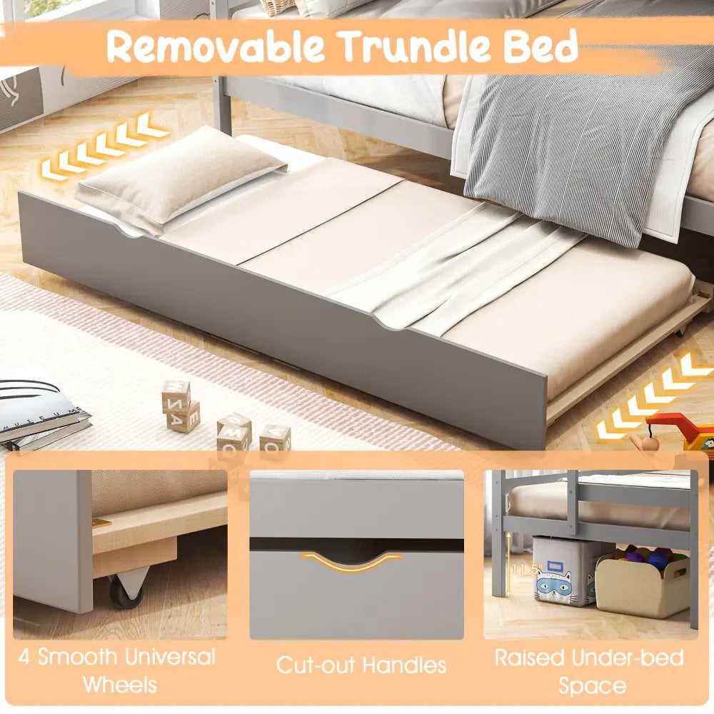 Home Wood Bunk Bed with Guard Rail and 4-step Storage Stairs No Box Spring Needed-Gray - Gray - Toddler Beds