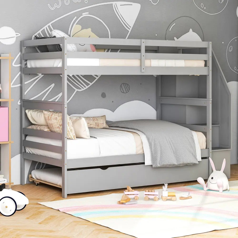 Home Wood Bunk Bed with Guard Rail and 4-step Storage Stairs No Box Spring Needed-Gray - Gray - Toddler Beds