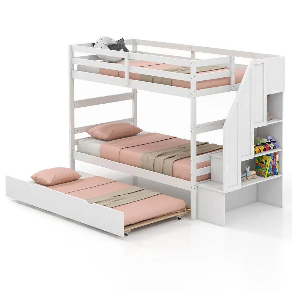 Home Wood Bunk Bed with Guard Rail and 4-step Storage Stairs No Box Spring Needed-White - White - Toddler Beds