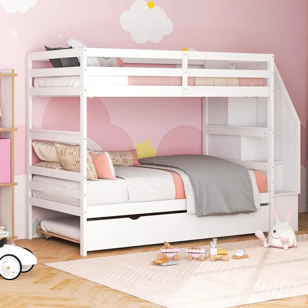 Home Wood Bunk Bed with Guard Rail and 4-step Storage Stairs No Box Spring Needed-White - White - Toddler Beds