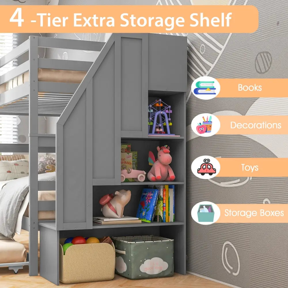 Home Wood Bunk Bed with Guard Rail and 4-step Storage Stairs No Box Spring Needed-Gray - Gray - Toddler Beds