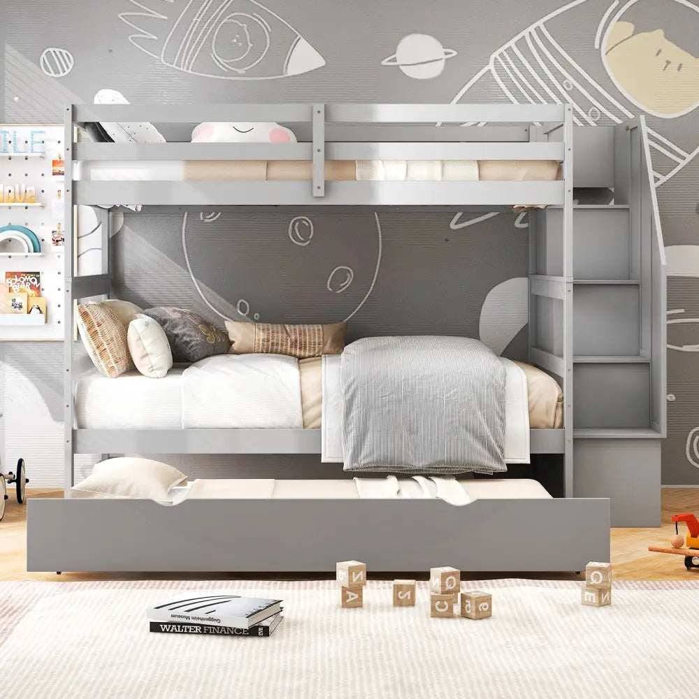 Home Wood Bunk Bed with Guard Rail and 4-step Storage Stairs No Box Spring Needed-Gray - Gray - Toddler Beds