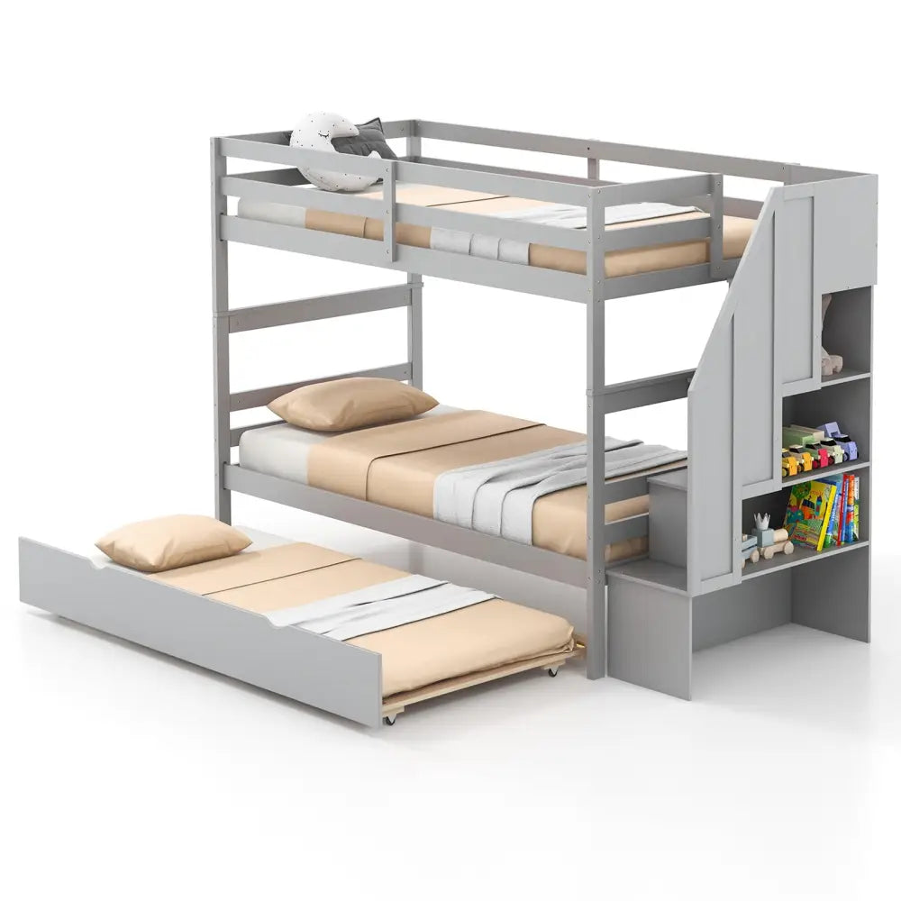 Home Wood Bunk Bed with Guard Rail and 4-step Storage Stairs No Box Spring Needed-Gray - Gray - Toddler Beds
