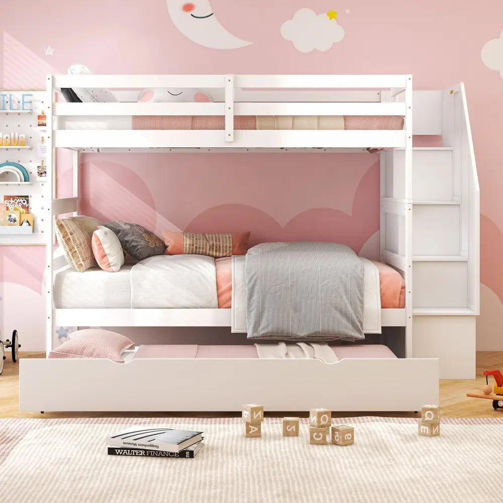 Home Wood Bunk Bed with Guard Rail and 4-step Storage Stairs No Box Spring Needed-White - White - Toddler Beds