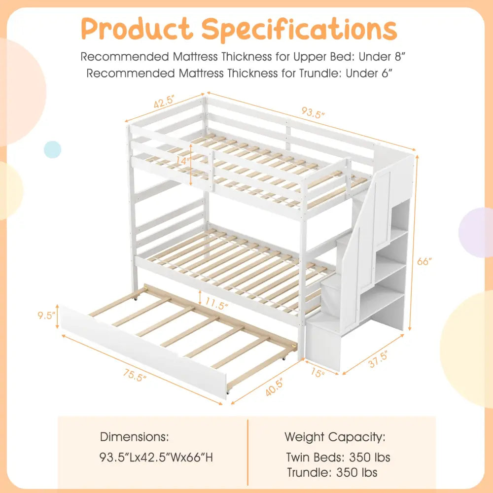 Home Wood Bunk Bed with Guard Rail and 4-step Storage Stairs No Box Spring Needed-White - White - Toddler Beds