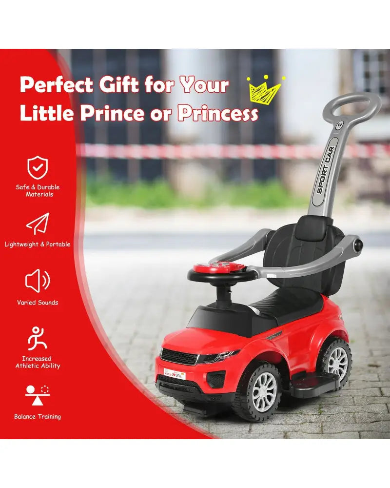 Honey Joy 3 in 1 Ride on Push Car Toddler Stroller Sliding Car with Music-Red - Red - Push & Pedal Ride On Toys