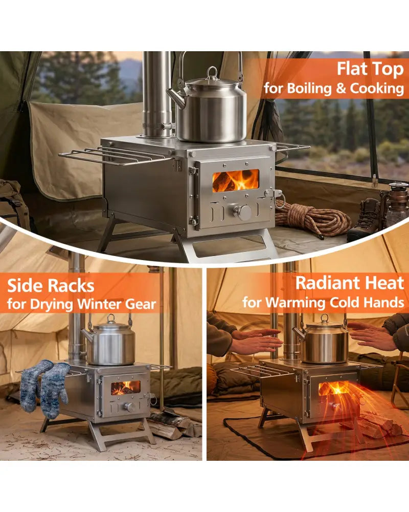 Hot Tent Stove Portable Wood Burning Stove with 7 Chimney Pipes and Spark Arrestor-Silver - Silver - Outdoor Grills