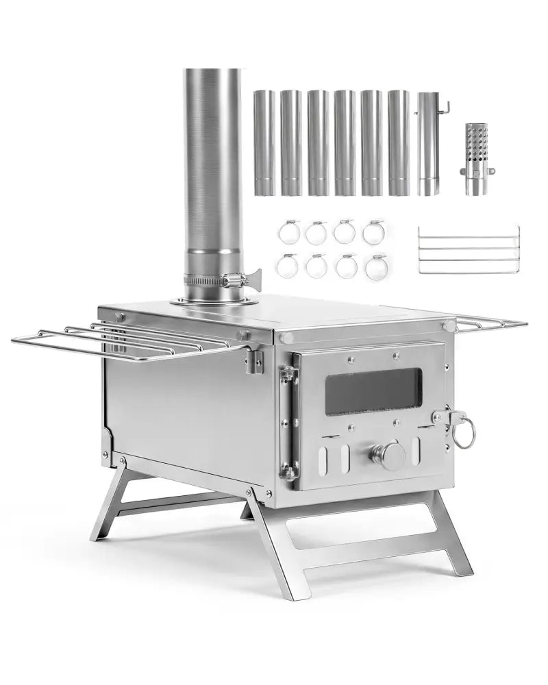 Hot Tent Stove Portable Wood Burning Stove with 7 Chimney Pipes and Spark Arrestor-Silver - Silver - Outdoor Grills