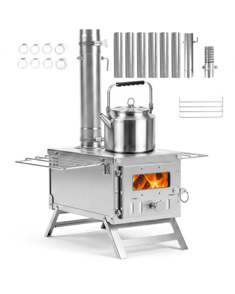 Hot Tent Stove Portable Wood Burning Stove with 7 Chimney Pipes and Spark Arrestor-Silver - Silver - Outdoor Grills