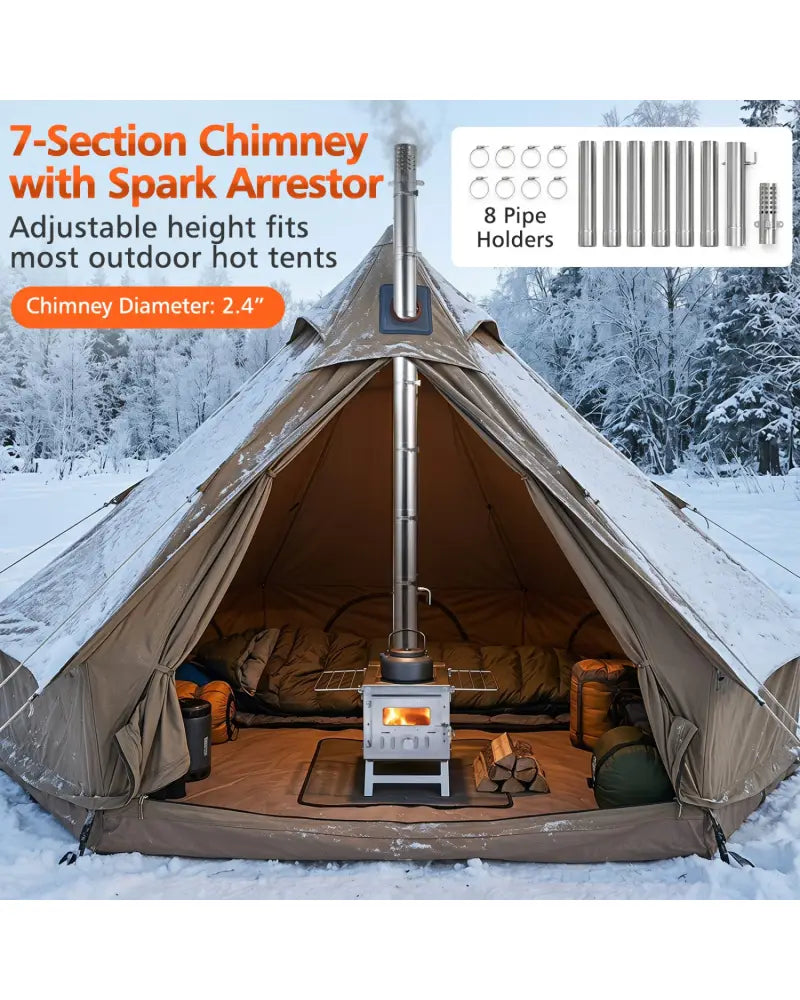 Hot Tent Stove Portable Wood Burning Stove with 7 Chimney Pipes and Spark Arrestor-Silver - Silver - Outdoor Grills