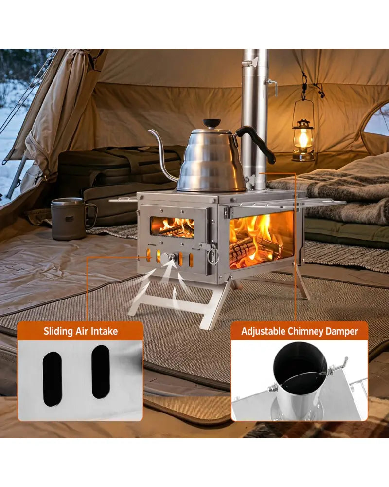 Hot Tent Stove Portable Wood Burning Stove with 7 Chimney Pipes and Spark Arrestor-Silver - Silver - Outdoor Grills