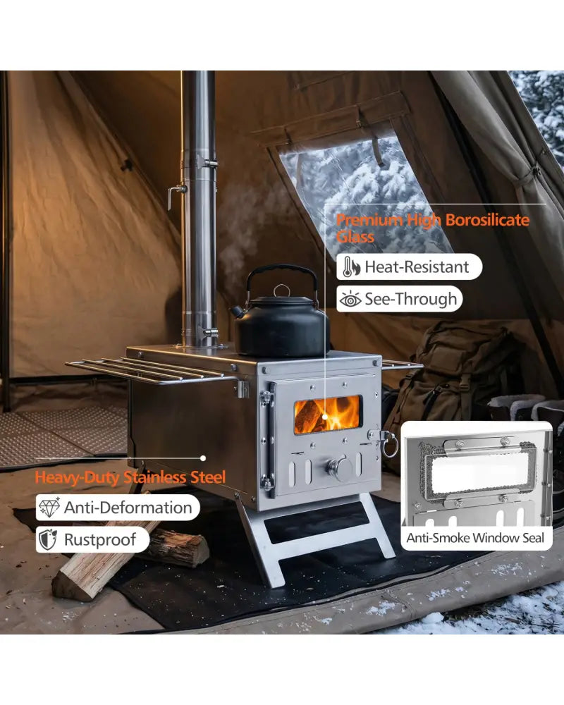 Hot Tent Stove Portable Wood Burning Stove with 7 Chimney Pipes and Spark Arrestor-Silver - Silver - Outdoor Grills