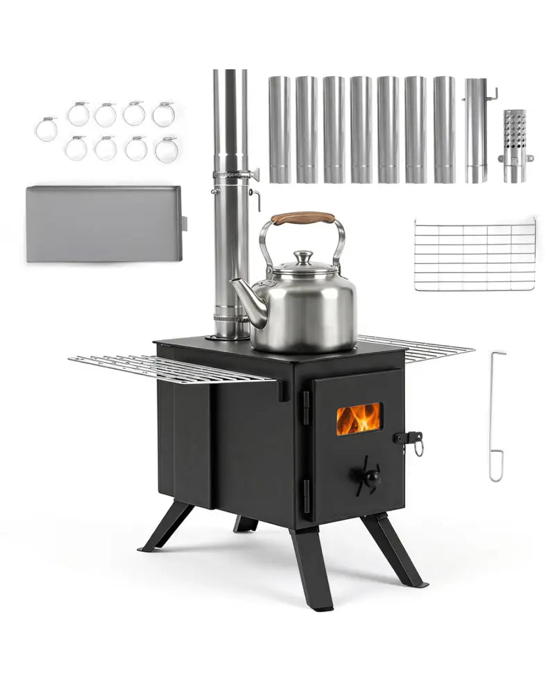 Hot Tent Stove with Ash Tray 8.4 ft Wood Burning Stove with 8 Chimney Pipes and Spark Arrestor-Black - Black - Outdoor