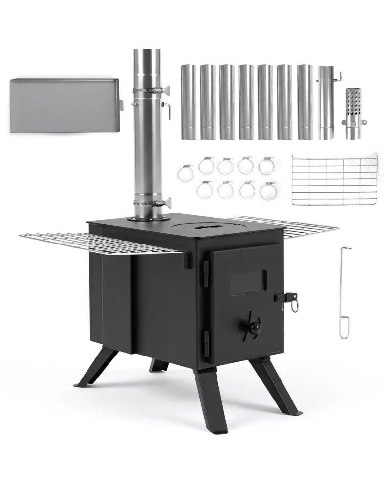 Hot Tent Stove with Ash Tray 8.4 ft Wood Burning Stove with 8 Chimney Pipes and Spark Arrestor-Black - Black - Outdoor