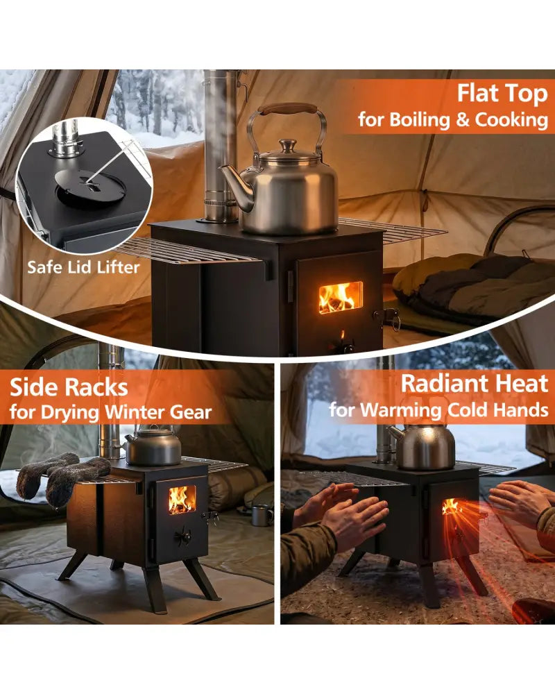 Hot Tent Stove with Ash Tray 8.4 ft Wood Burning Stove with 8 Chimney Pipes and Spark Arrestor-Black - Black - Outdoor