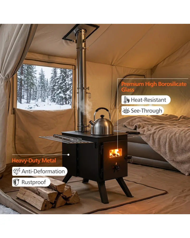Hot Tent Stove with Ash Tray 8.4 ft Wood Burning Stove with 8 Chimney Pipes and Spark Arrestor-Black - Black - Outdoor