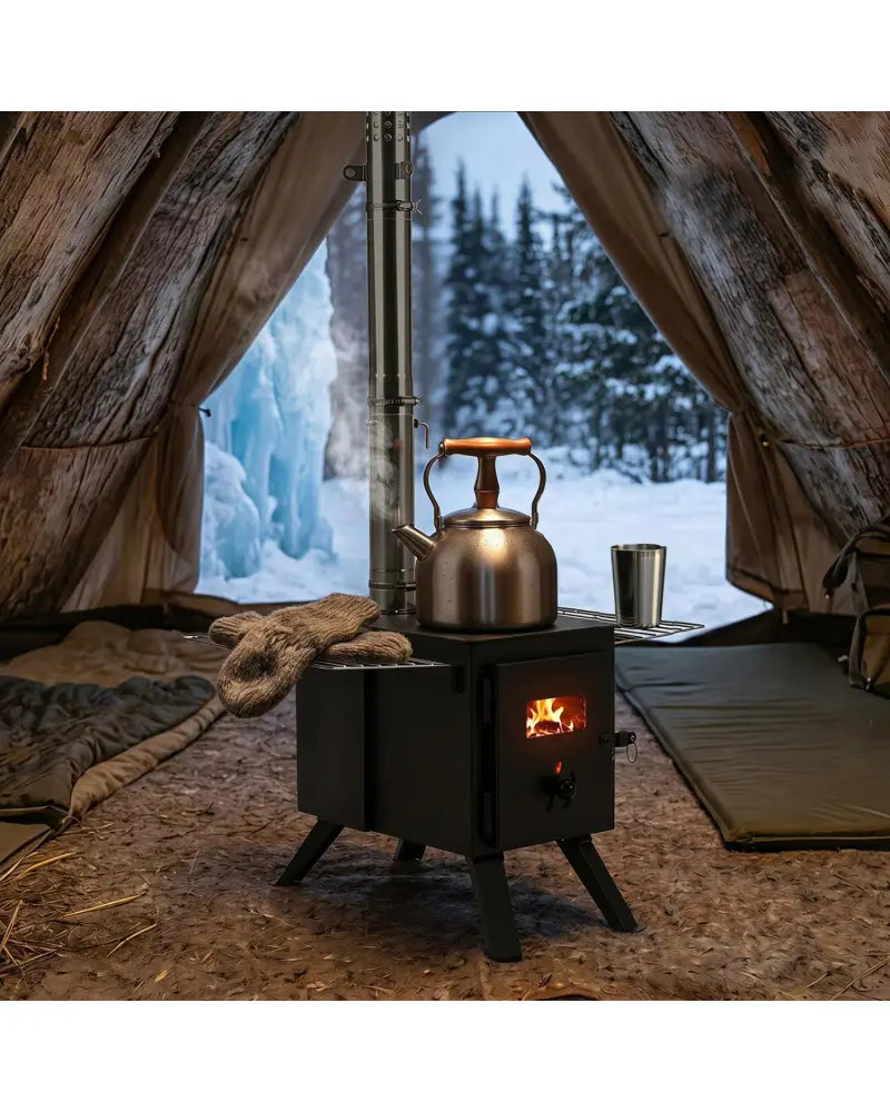 Hot Tent Stove with Ash Tray 8.4 ft Wood Burning Stove with 8 Chimney Pipes and Spark Arrestor-Black - Black - Outdoor