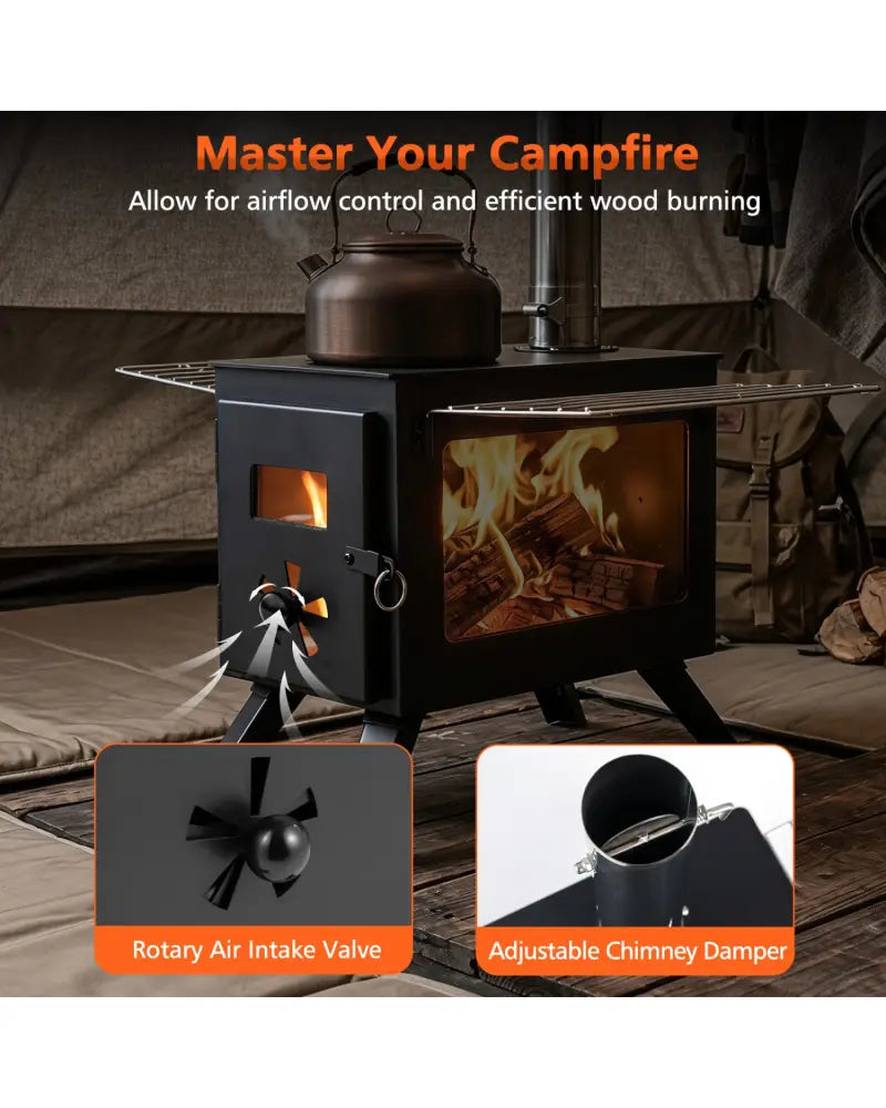 Hot Tent Stove with Ash Tray 8.4 ft Wood Burning Stove with 8 Chimney Pipes and Spark Arrestor-Black - Black - Outdoor