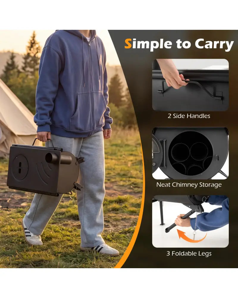 Hot Tent Stove with Chimney Pipes and Foldable Legs for Outdoor Heating-Black - Black - Outdoor Grills