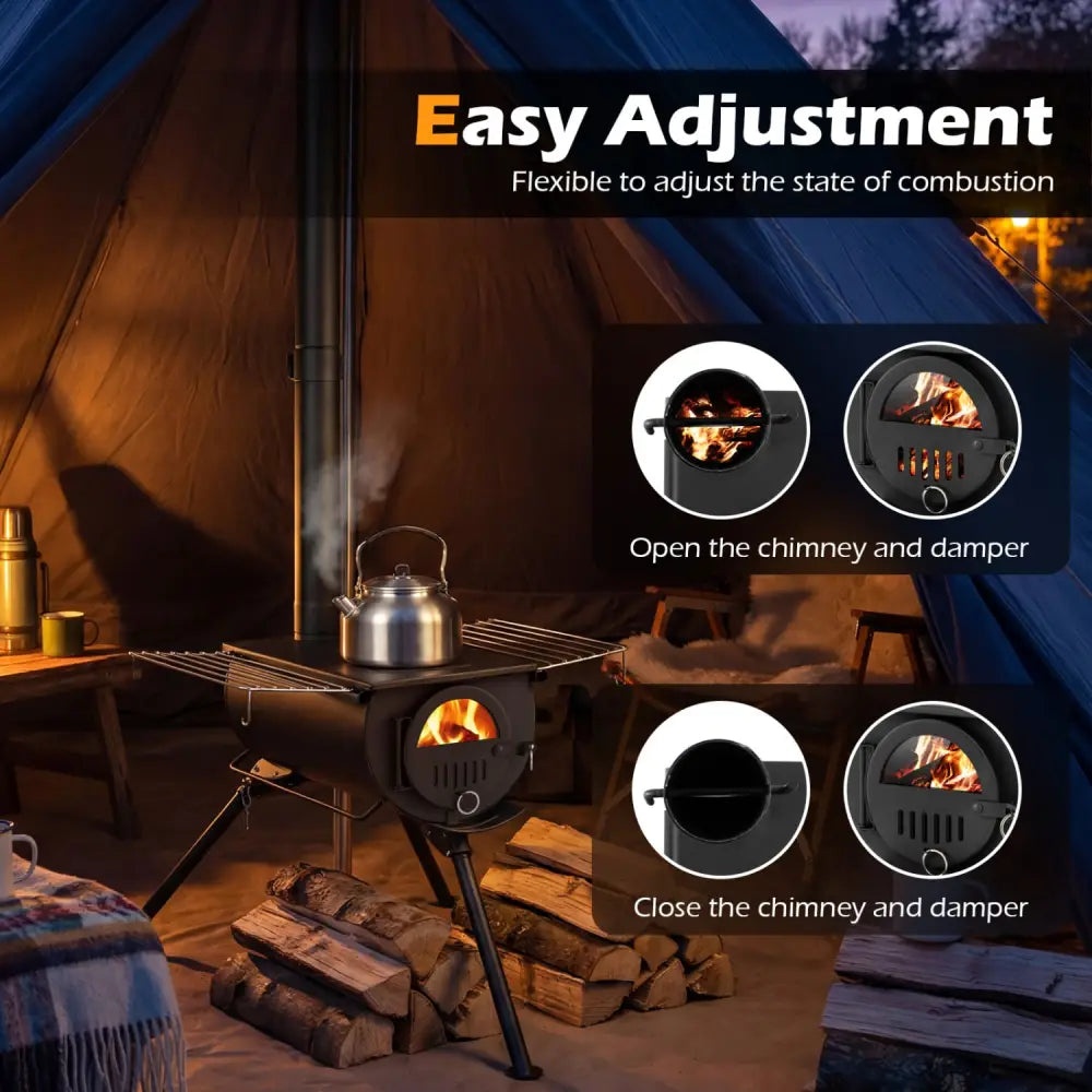 Hot Tent Stove with Chimney Pipes and Foldable Legs for Outdoor Heating-Black - Black - Outdoor Grills