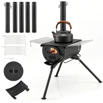 Hot Tent Stove with Chimney Pipes and Foldable Legs for Outdoor Heating-Black - Black - Outdoor Grills