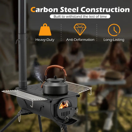 Hot Tent Stove with Chimney Pipes and Foldable Legs for Outdoor Heating-Black - Black - Outdoor Grills