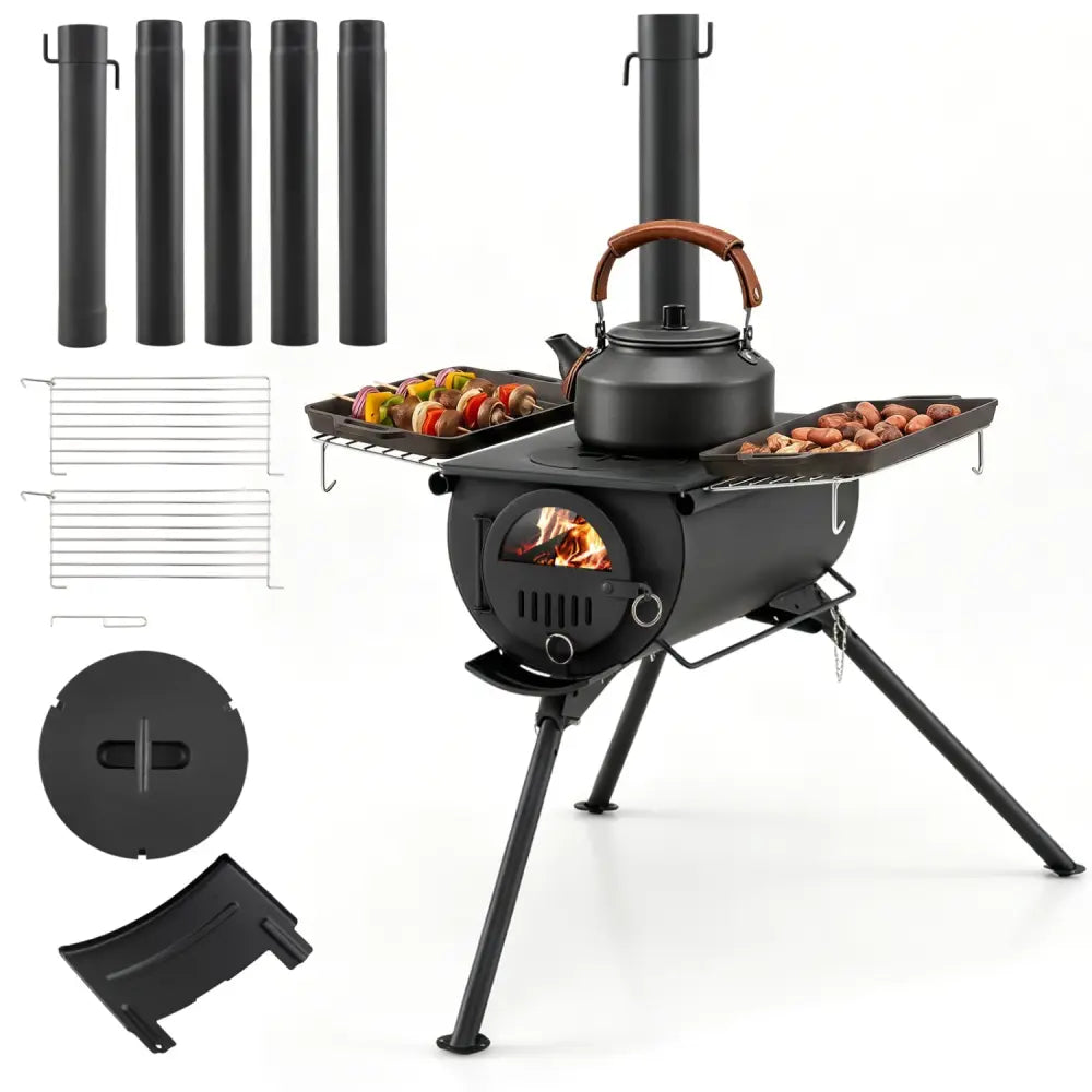 Hot Tent Stove with Chimney Pipes and Foldable Legs for Outdoor Heating-Black - Black - Outdoor Grills