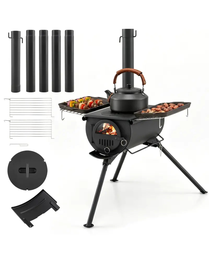 Hot Tent Stove with Chimney Pipes and Foldable Legs for Outdoor Heating-Black - Black - Outdoor Grills