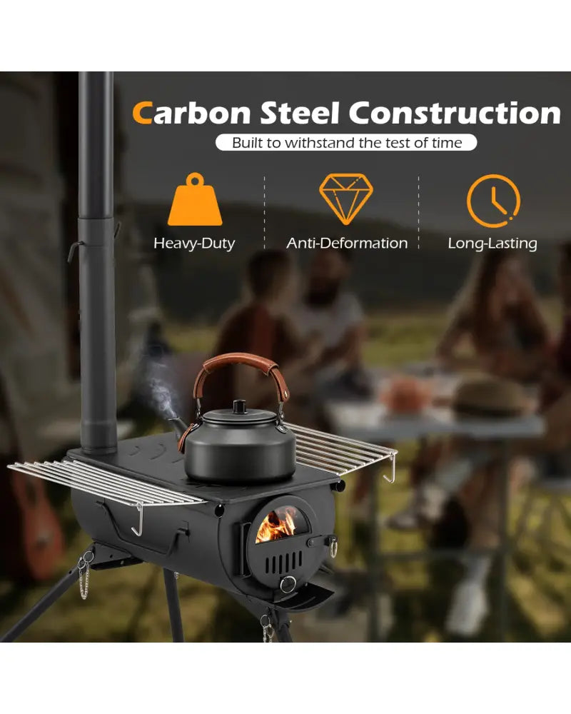 Hot Tent Stove with Chimney Pipes and Foldable Legs for Outdoor Heating-Black - Black - Outdoor Grills