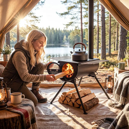 Hot Tent Stove with Chimney Pipes and Foldable Legs for Outdoor Heating-Black - Black - Outdoor Grills