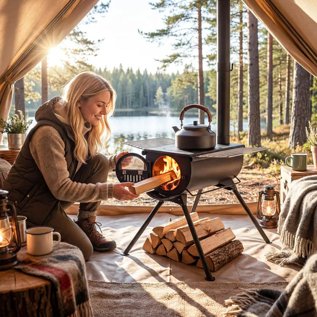 Hot Tent Stove with Chimney Pipes and Foldable Legs for Outdoor Heating-Black - Black - Outdoor Grills