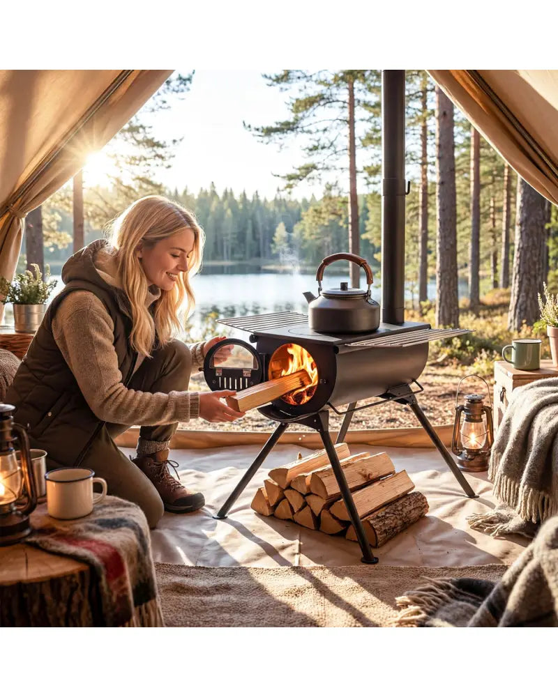 Hot Tent Stove with Chimney Pipes and Foldable Legs for Outdoor Heating-Black - Black - Outdoor Grills