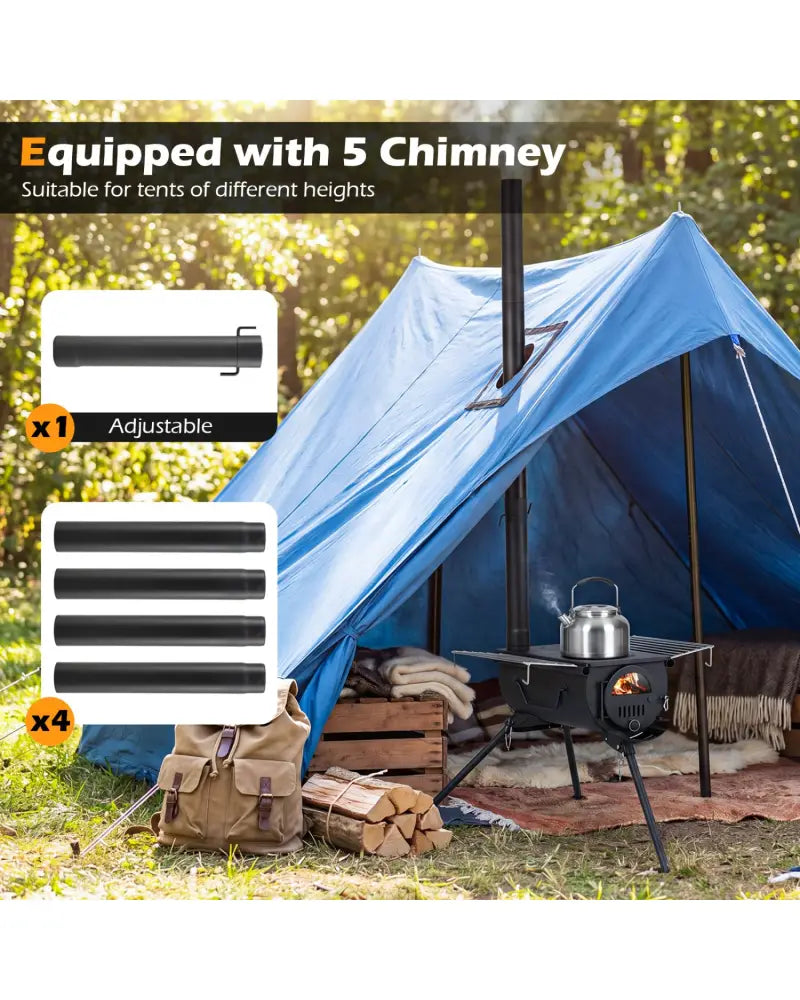 Hot Tent Stove with Chimney Pipes and Foldable Legs for Outdoor Heating-Black - Black - Outdoor Grills