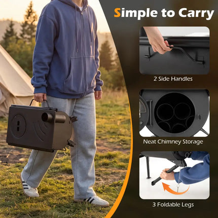 Hot Tent Stove with Chimney Pipes and Foldable Legs for Outdoor Heating-Black - Black - Outdoor Grills
