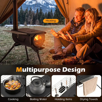 Hot Tent Stove with Chimney Pipes and Foldable Legs for Outdoor Heating-Black - Black - Outdoor Grills