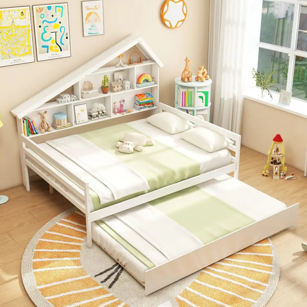 House-Shaped Full Size Daybed with Twin Size Trundle-White - White - Toddler Beds