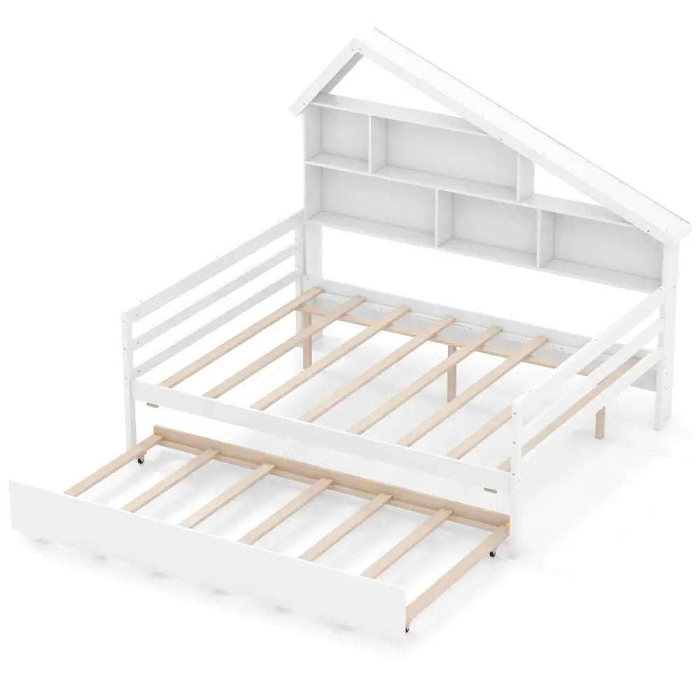 House-Shaped Full Size Daybed with Twin Size Trundle-White - White - Toddler Beds