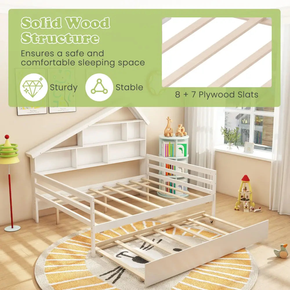 House-Shaped Full Size Daybed with Twin Size Trundle-White - White - Toddler Beds