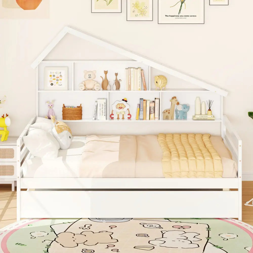 House-Shaped Full Size Daybed with Twin Size Trundle-White - White - Toddler Beds