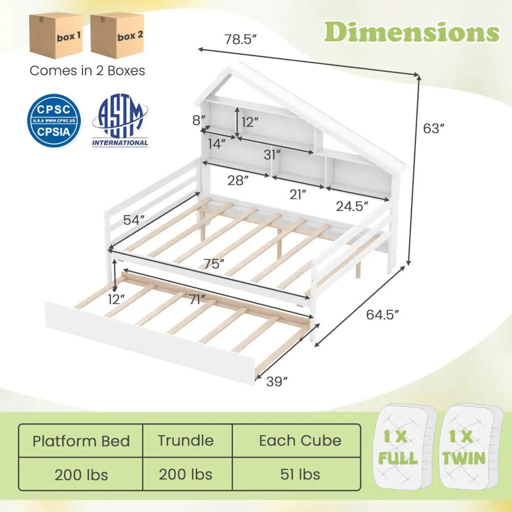 House-Shaped Full Size Daybed with Twin Size Trundle-White - White - Toddler Beds