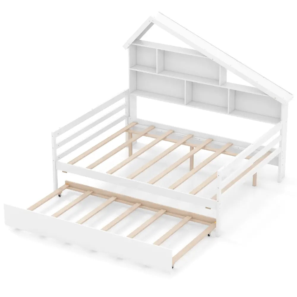 House-Shaped Full Size Daybed with Twin Size Trundle-White - White - Toddler Beds