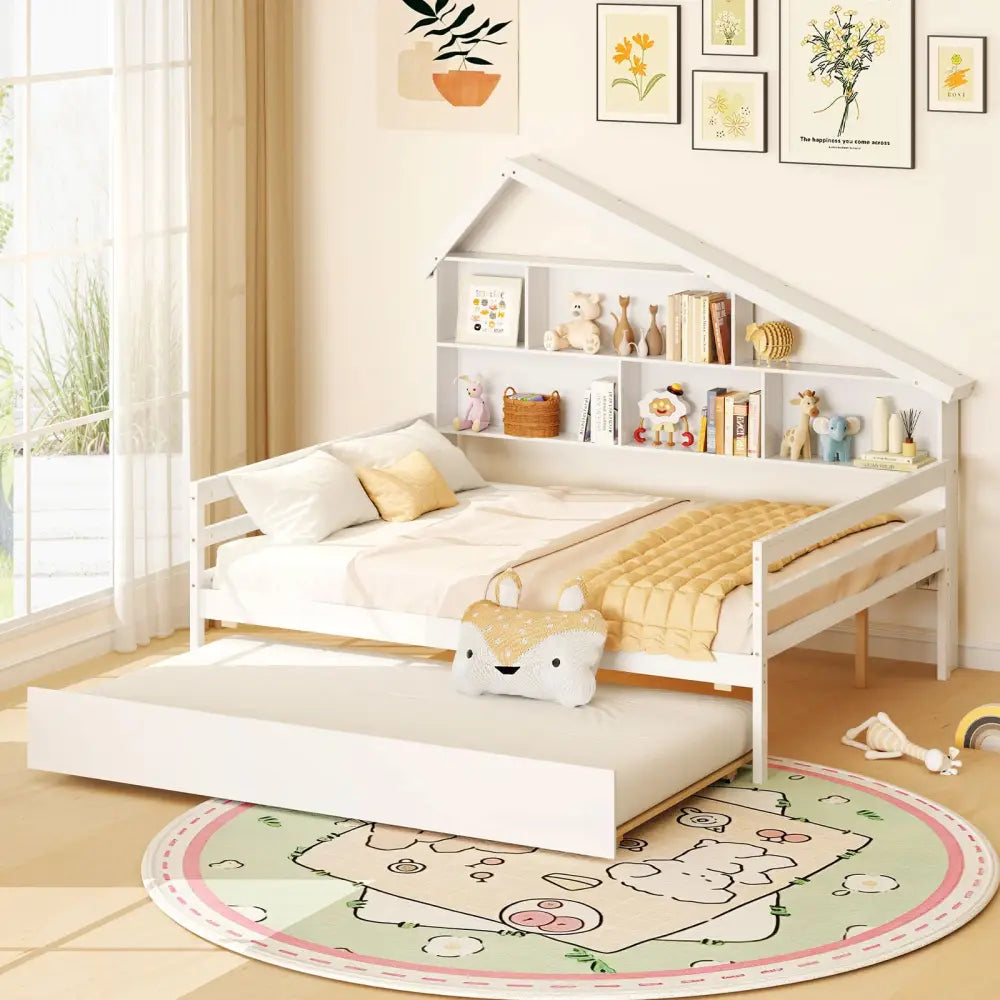 House-Shaped Full Size Daybed with Twin Size Trundle-White - White - Toddler Beds