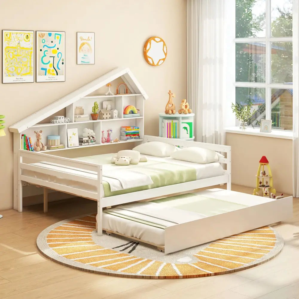 House-Shaped Full Size Daybed with Twin Size Trundle-White - White - Toddler Beds
