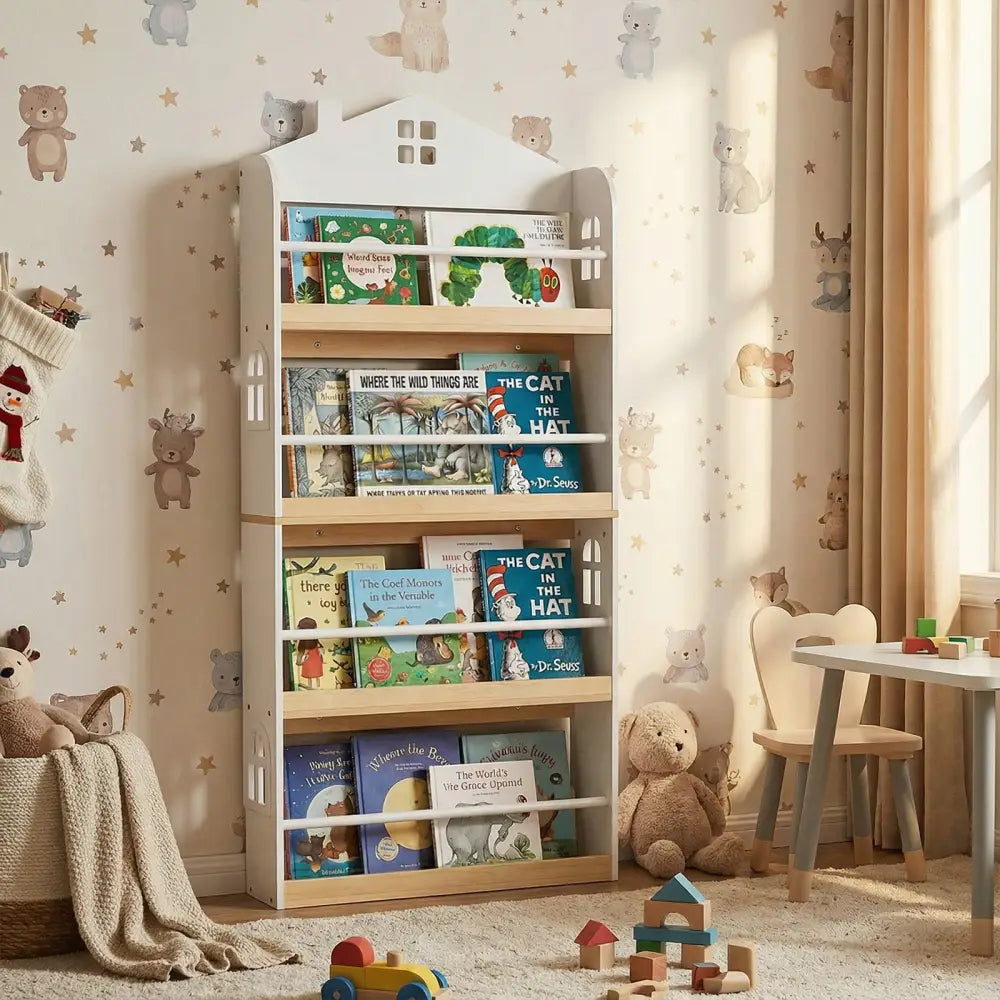 House-Shaped Kids Bookshelf with Anti-falling Baffles-White - White - Kids Storage