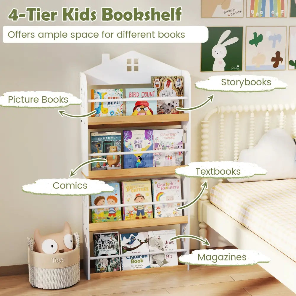 House-Shaped Kids Bookshelf with Anti-falling Baffles-White - White - Kids Storage