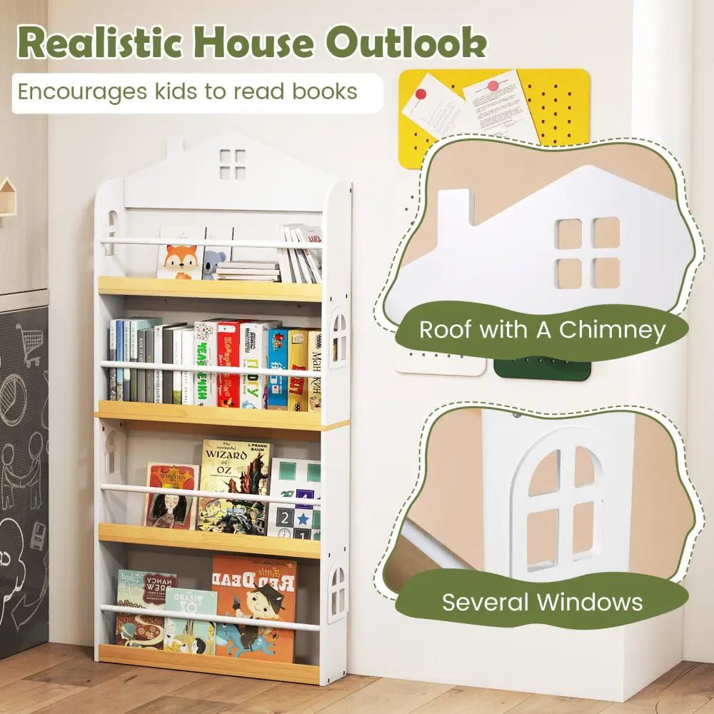 House-Shaped Kids Bookshelf with Anti-falling Baffles-White - White - Kids Storage