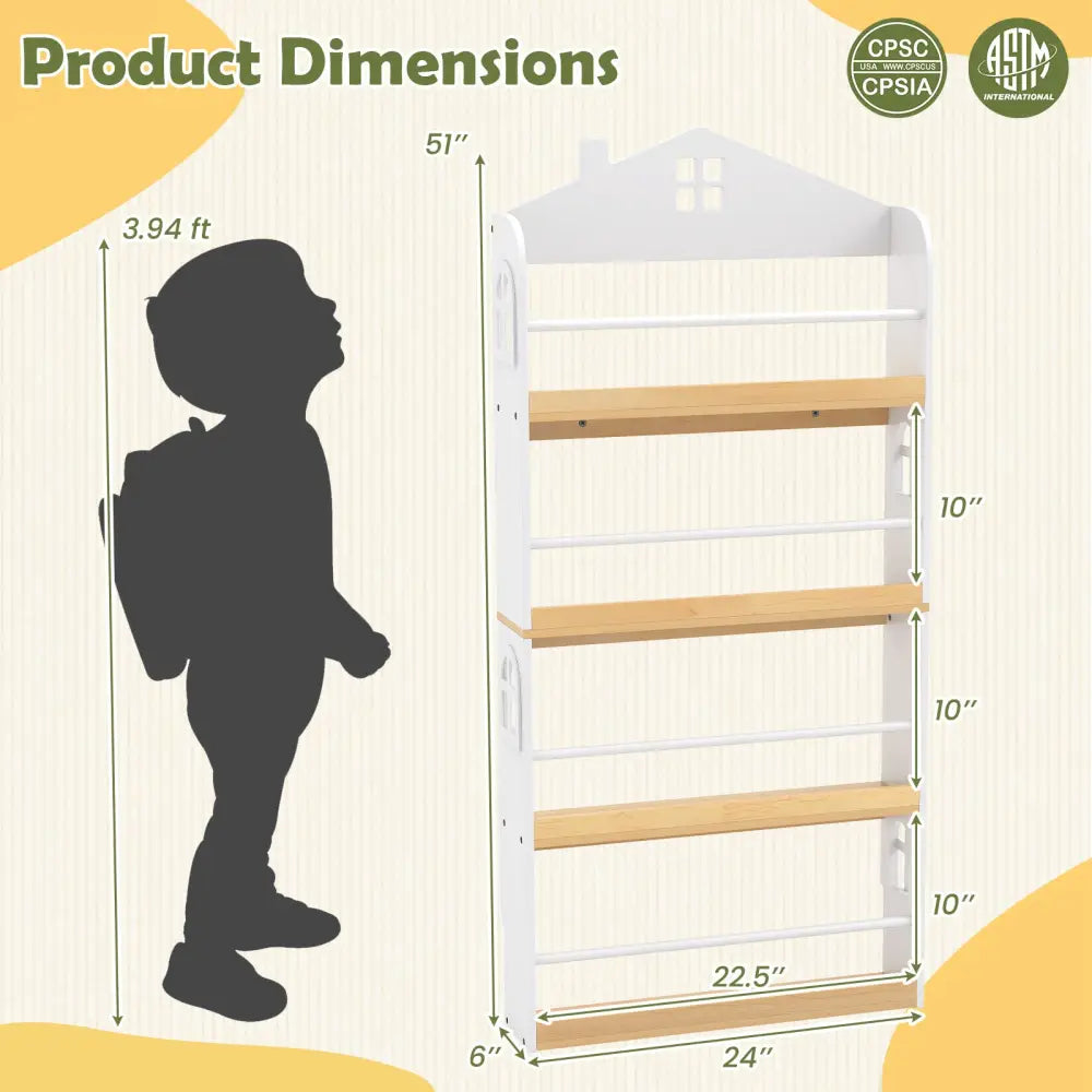 House-Shaped Kids Bookshelf with Anti-falling Baffles-White - White - Kids Storage