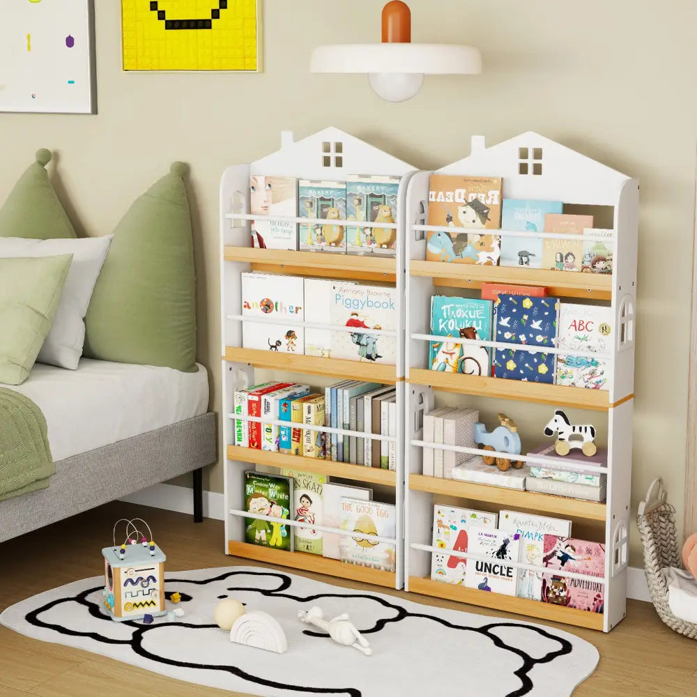 House-Shaped Kids Bookshelf with Anti-falling Baffles-White - White - Kids Storage